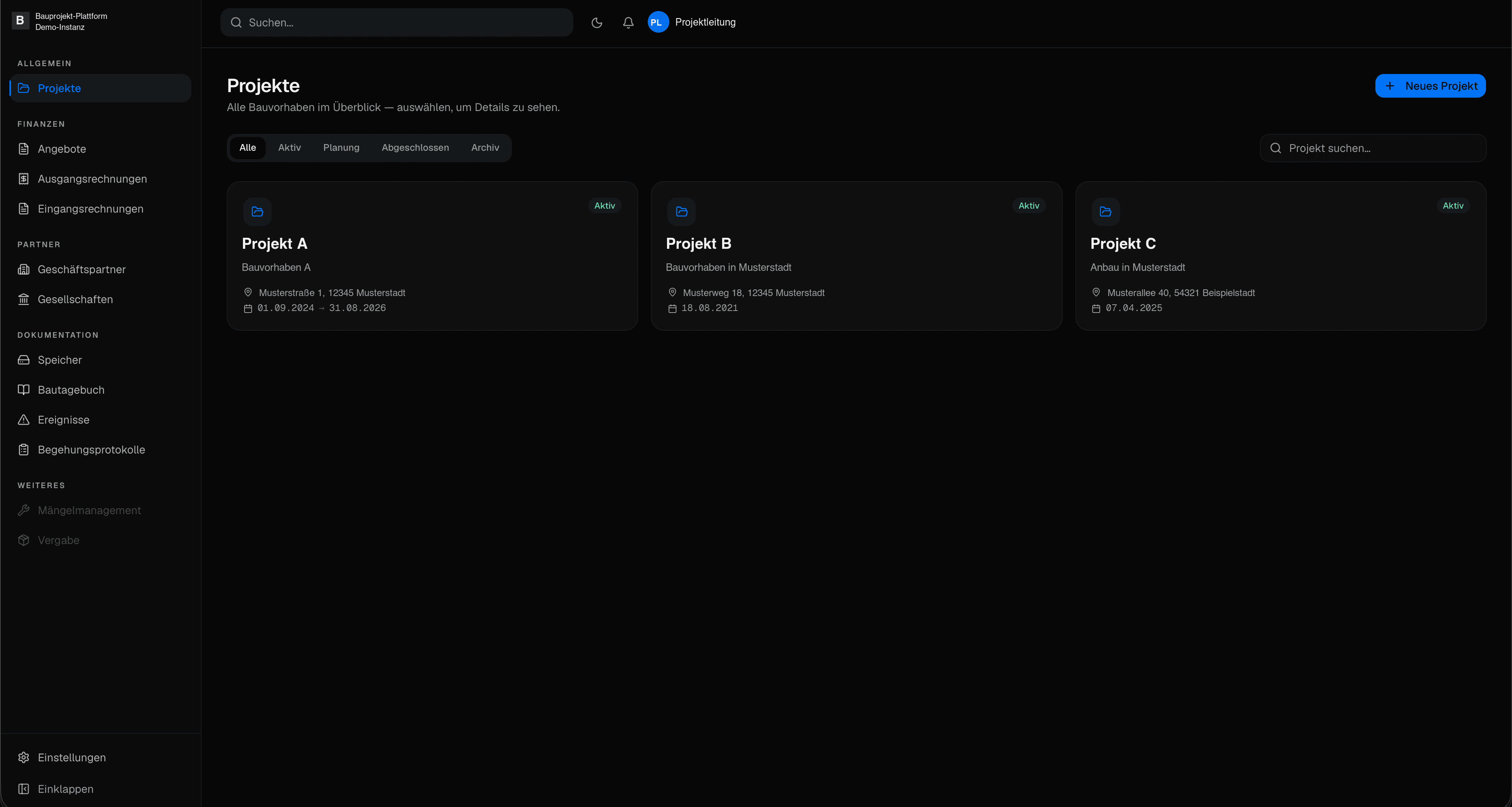 Every building project with status, location and duration — the way into each individual project.