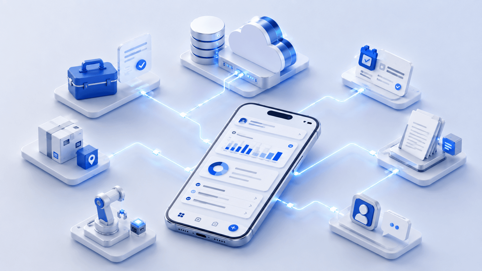 Isometrische Darstellung einer mobilen Business-App, die mit zentralen Unternehmenssystemen verbunden ist.