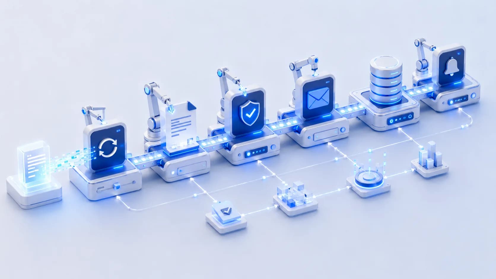 Isometrische Darstellung eines automatisierten Workflows mit verbundenen Prozessschritten.