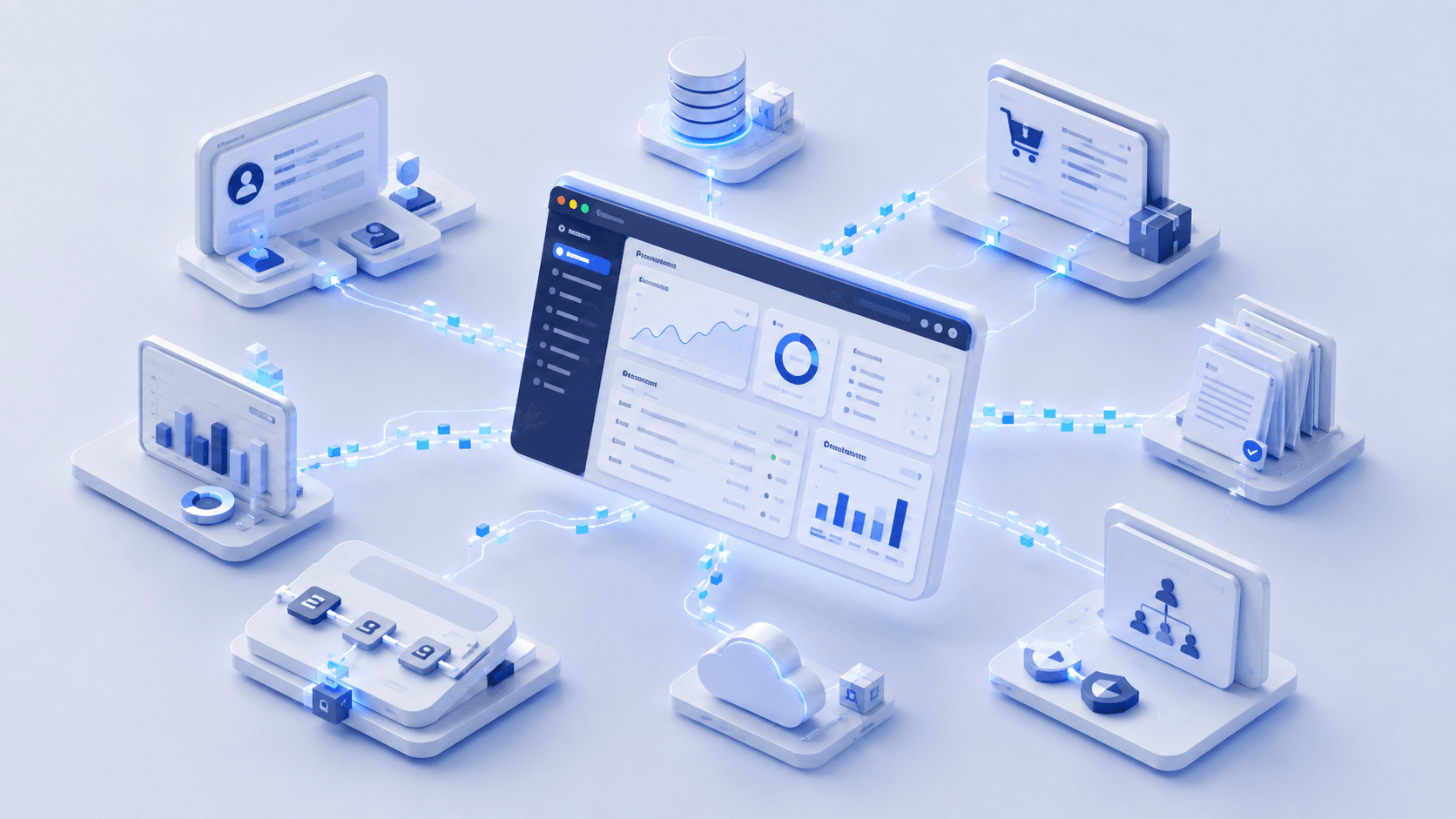 Isometrische Darstellung einer SaaS-Plattform mit Modulen, Benutzern und Cloud-Infrastruktur.