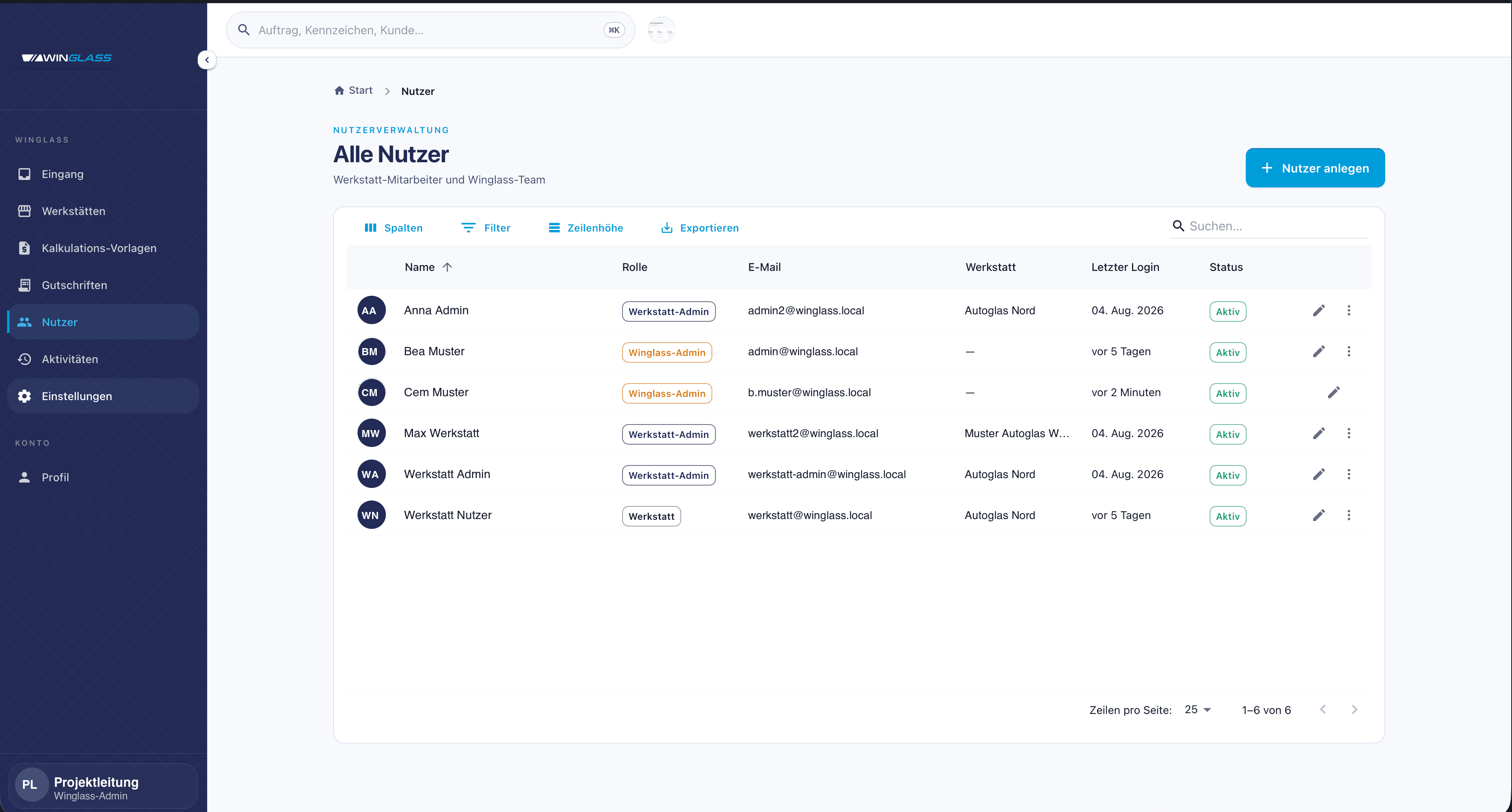 Benutzer mit Rolle, zugeordneter Werkstatt und letztem Login — Werkstatt-Mitarbeiter und internes Team in einer Ansicht.